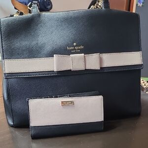 Kate Spade Kirk Park Saffiano Leather Black and Pink Cream Bow Bag and Wallet